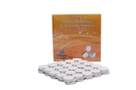 Box of long-burning smokeless tealight candles with 50 pieces displayed in front of the orange-themed packaging, set of 2