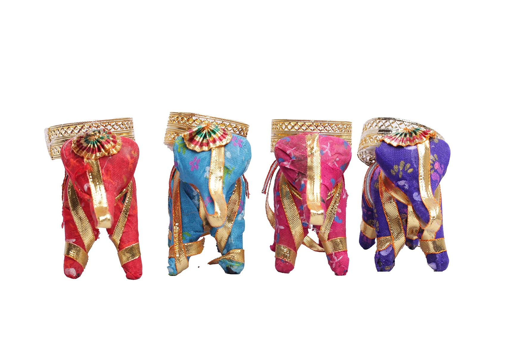 Vibrant elephant candle stands in red, blue, pink, and purple adorned with golden detailing and intricate patterns, perfect for adding a traditional touch to decor