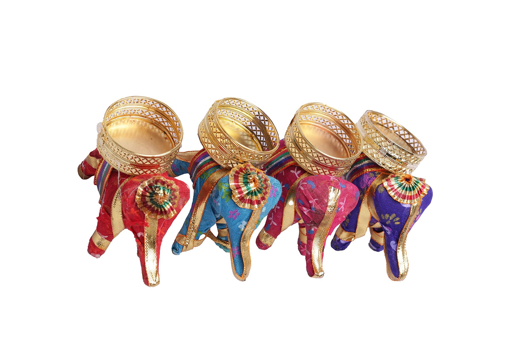 Multicolor elephant-shaped diya candle holders arranged in a set for festival decoration
