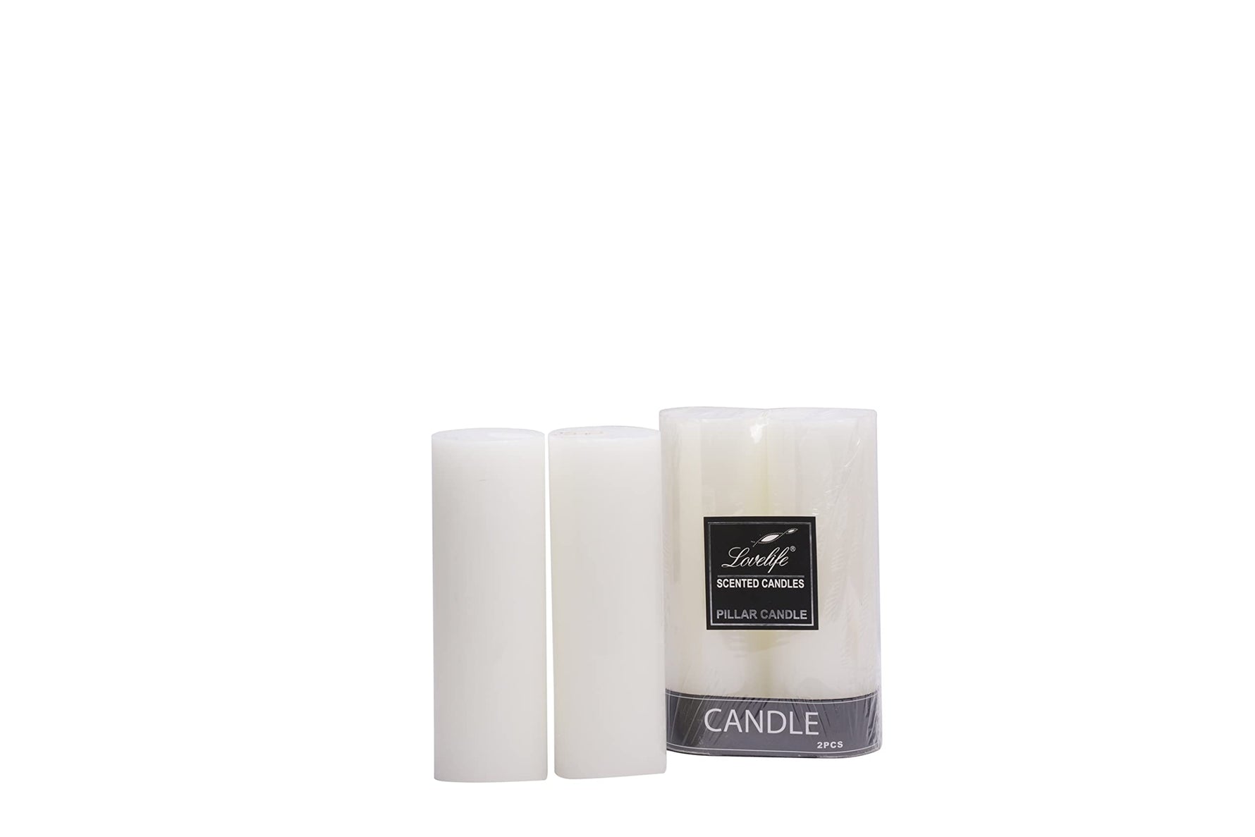 Set of white pillar candles in elegant packaging, perfect for home decor and special occasions