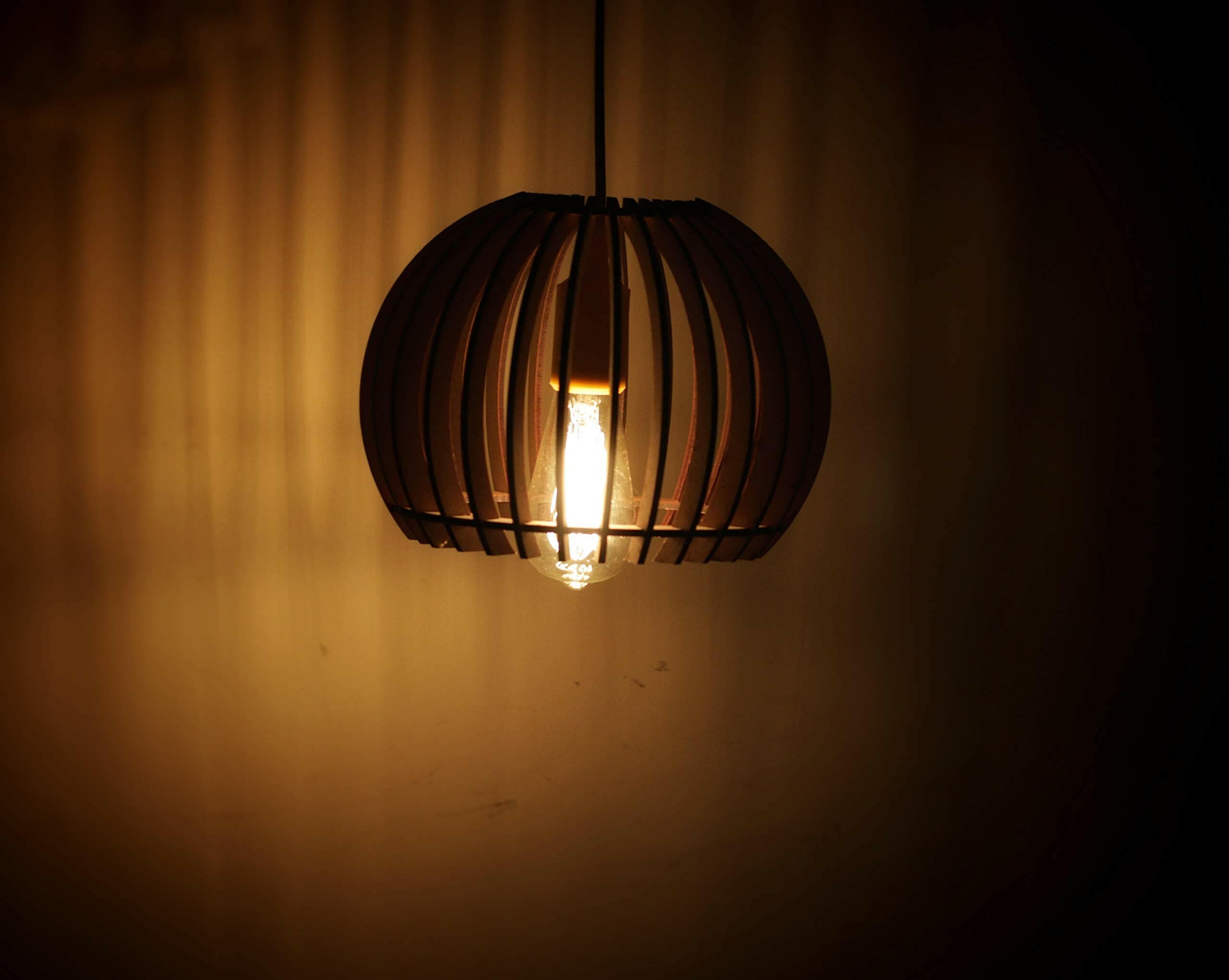Matte black cage-style ceiling pendant lamp hanging with warm glowing bulb and cord