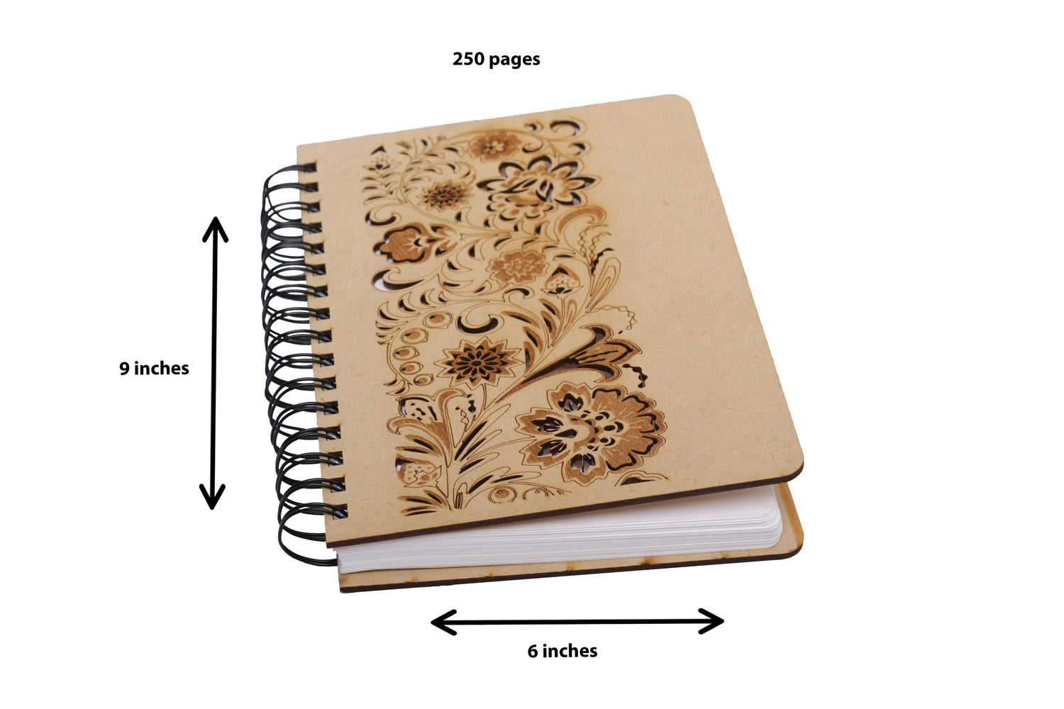 9x6 inch laser-cut floral wooden spiral notebook with 150 pages
