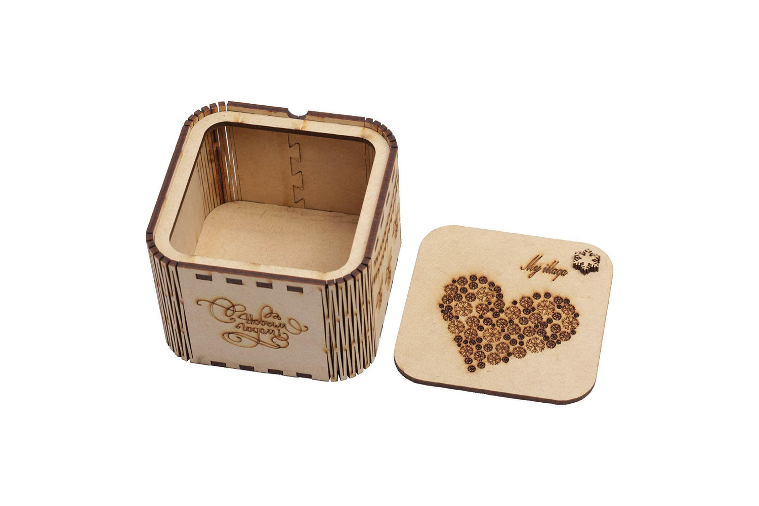 Wooden heart-themed jewelry box with intricate floral carvings and "My Village" engraving, perfect for storing small treasures. The image shows the depth of the jewellery box.
