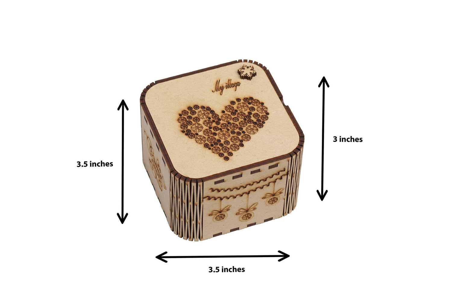 The image shows the dimensions of the heart jewellery box that is 3 inch by 3.5 inch by 3.5 inch.