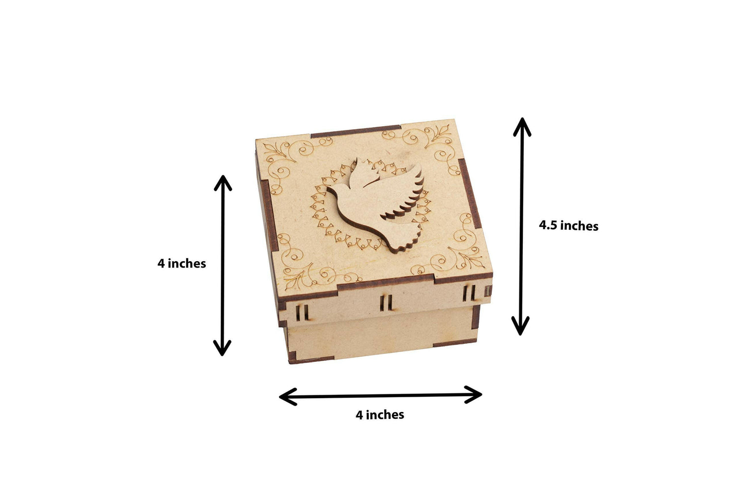 Top view of wooden MDF bird box with intricate dove engraving and floral details

