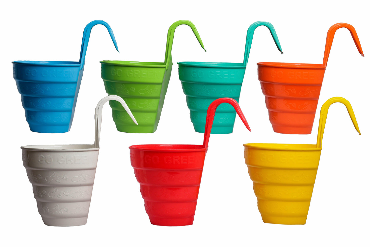 Set of 6 multicolour hanging planters with hooks for balcony or railing