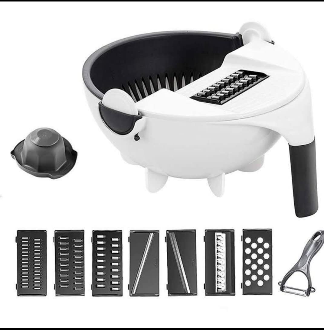 Multifunctional vegetable slicer and grater with a built-in strainer, shown with different types of grating blades