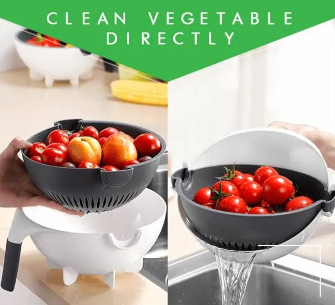 Multifunctional vegetable slicer and grater with a built-in strainer, shown in use while tomato washing and straining.