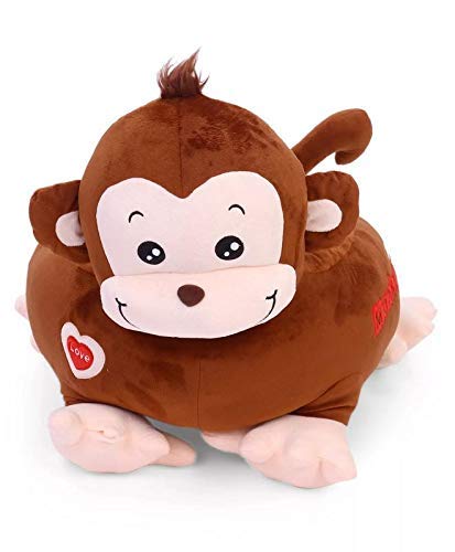 Adorable monkey-shaped baby sofa with soft plush fabric and colorful embroidered details . The image is the front view of the product.