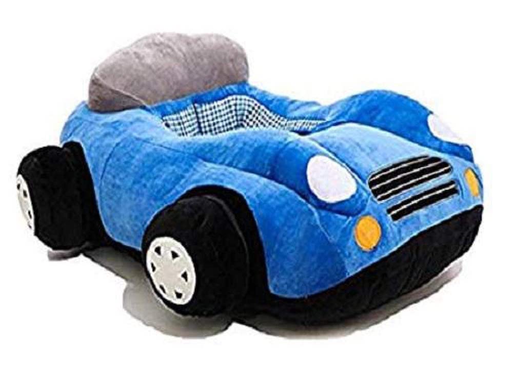 Plush car-shaped baby floor seat in blue, ideal for infants learning to sit