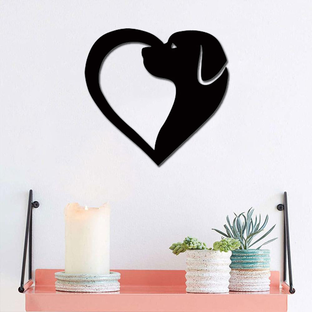 MDF dog-shaped heart wall art displayed above a shelf with a candle and small potted plants, adding charm to the interior decor