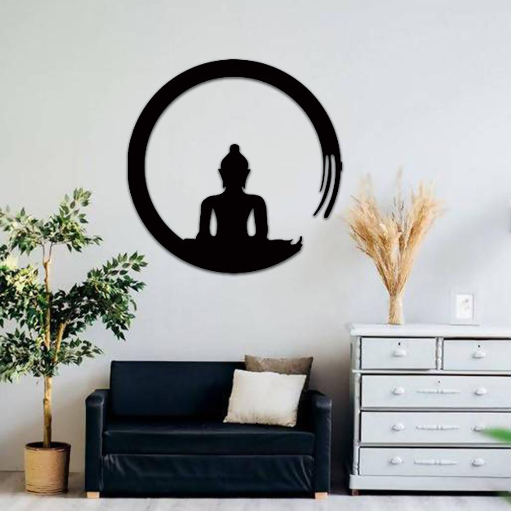 Minimalist Buddha meditation wall art crafted from MDF, featuring a serene silhouette encircled by a Zen-inspired circular design.