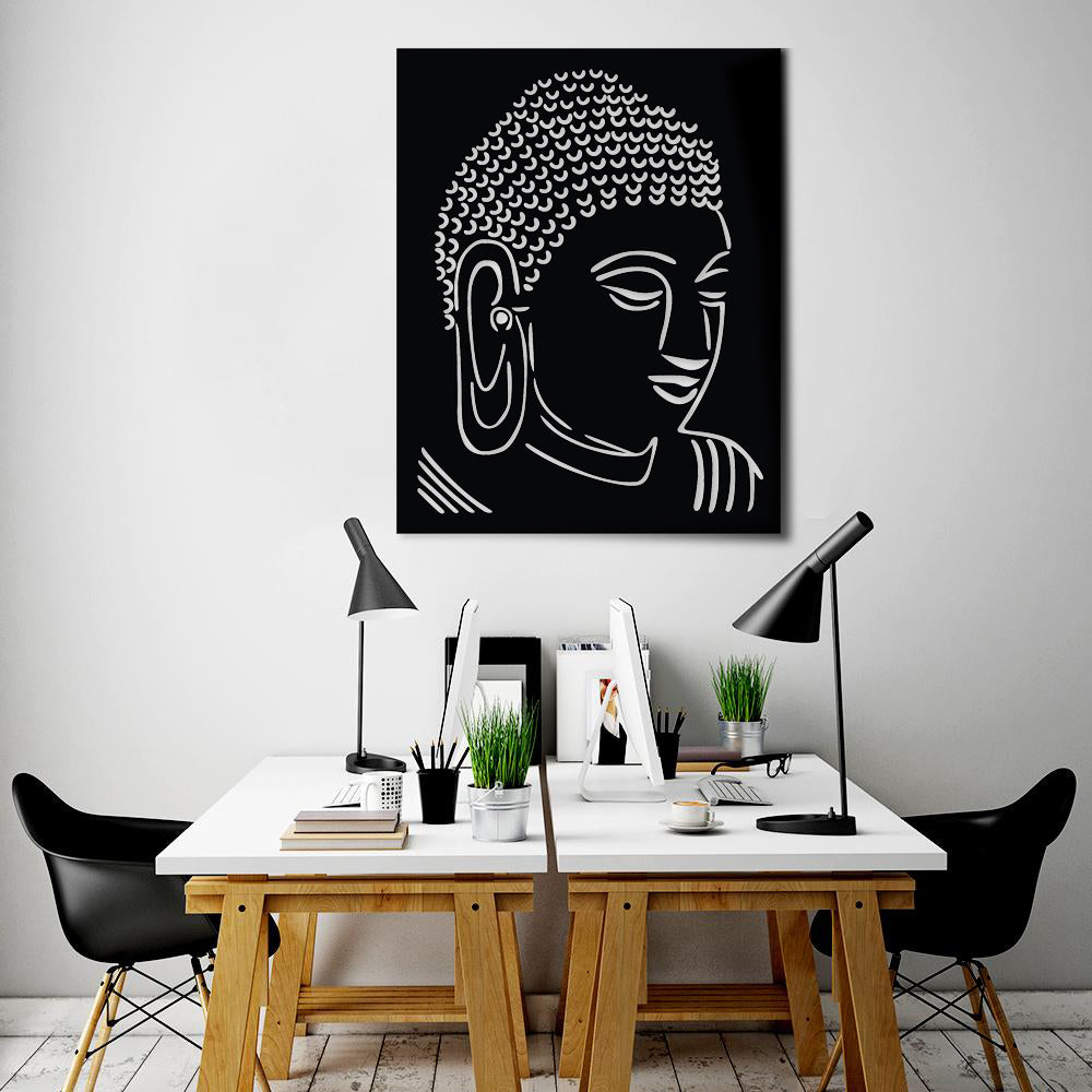 Modern Buddha face wall art crafted from MDF, showcasing intricate line detailing for a serene and minimalist design.