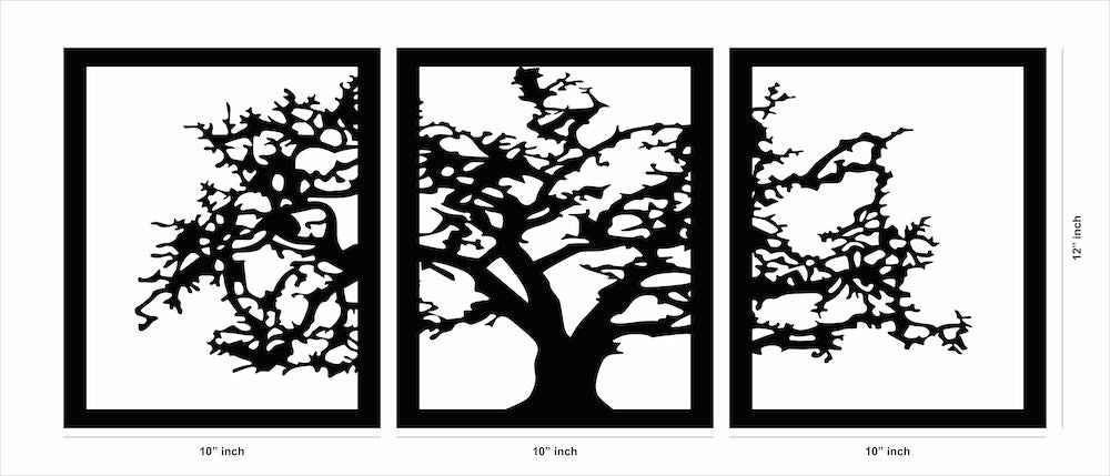 Triptych wall art featuring a black silhouette of a tree spread across three panels, the dimensional image of the product  which is 12 inch by 10 inch for each frame.