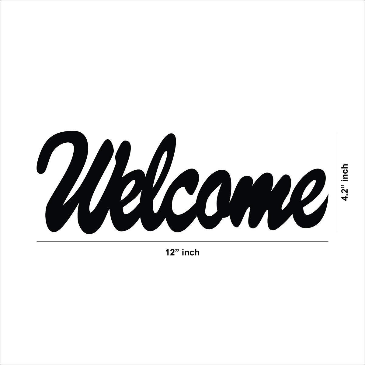 Black MDF wall art featuring the word "Welcome" in elegant cursive typography, showing the size of the product that is 4.2 inch by 12 inch.