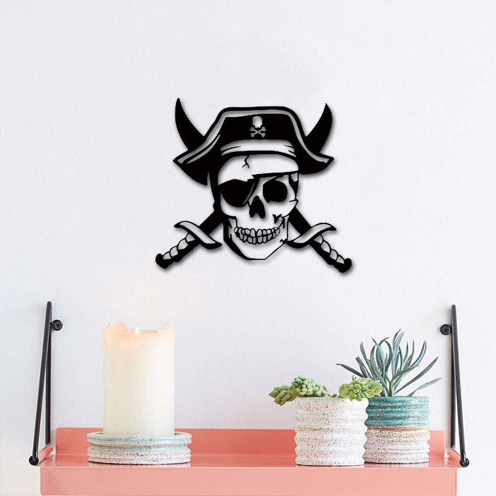 Black MDF pirate skull wall decor with crossed swords, adding a bold and adventurous touch to a modern interior.