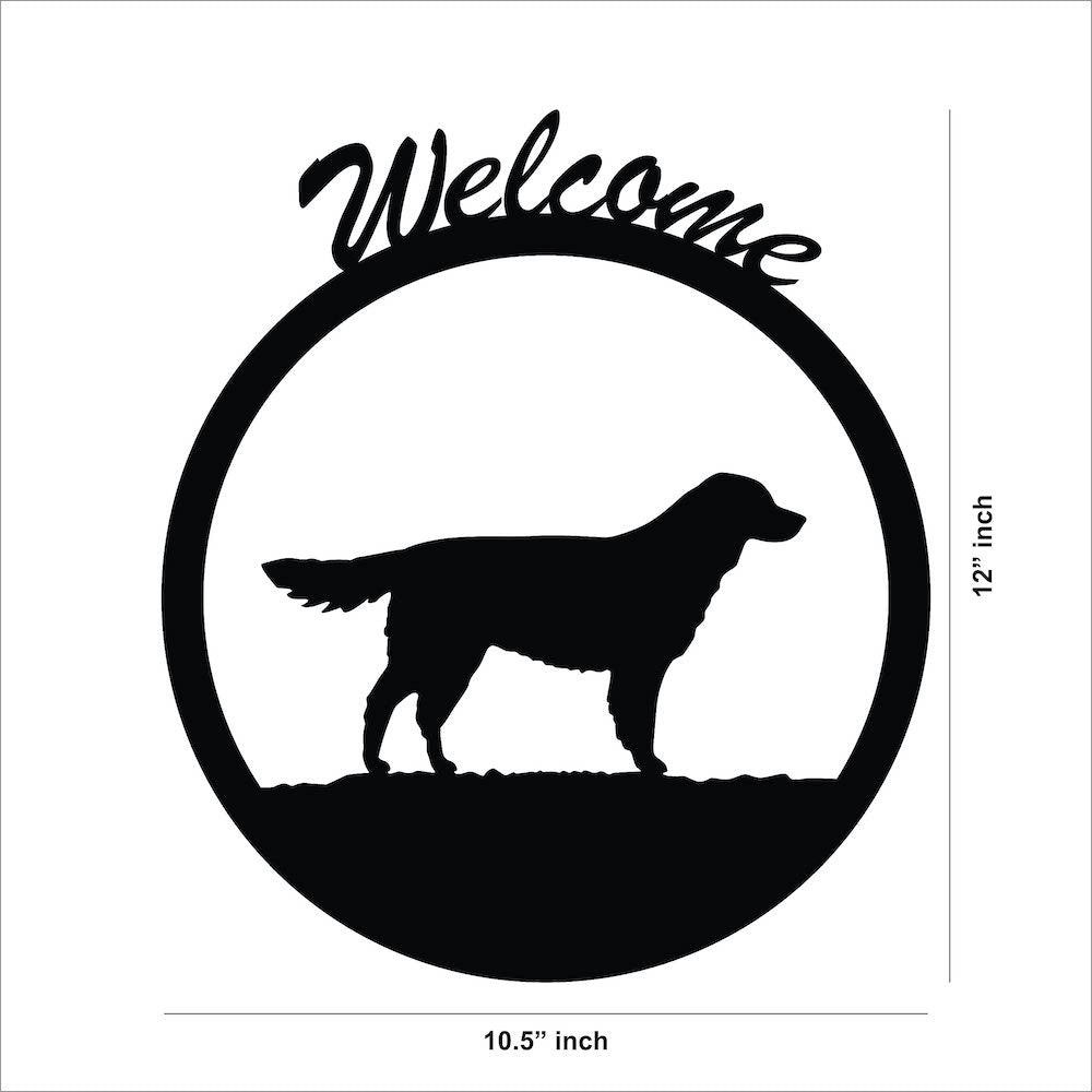 Black MDF wall art featuring a silhouette of a dog within a circular frame and the word "Welcome" on top, showing the size of the product the is 12inch by 10.5 inch.