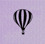 Minimalistic black hot air balloon wall art on a textured lavender background.