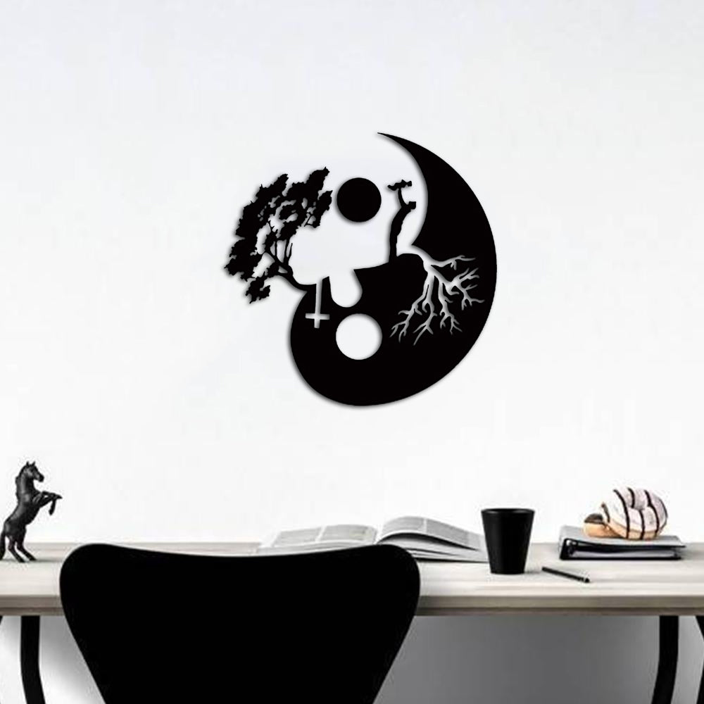 Artistic yin yang wall art featuring tree branches and roots symbolizing balance and harmony.