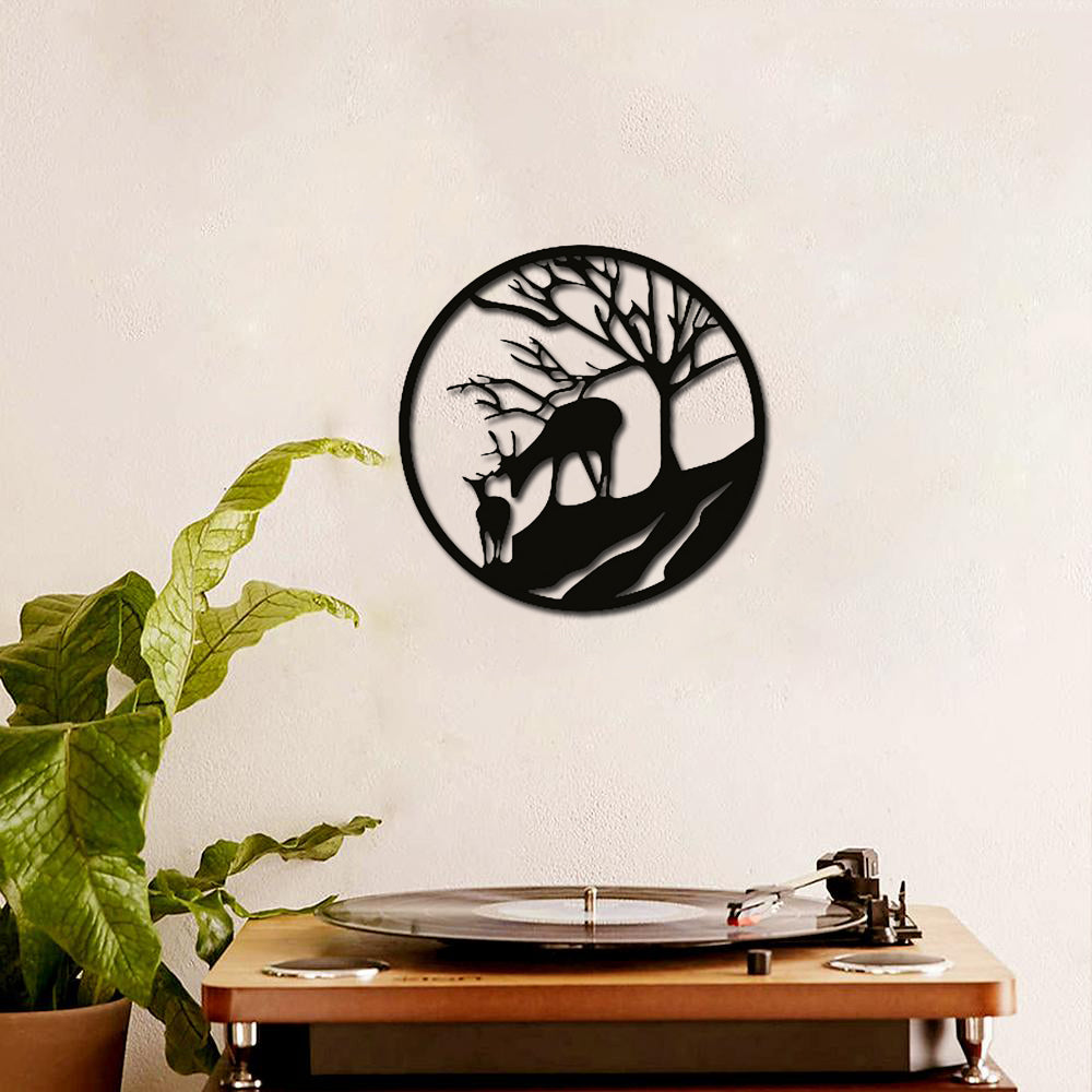 MDF deer-themed wall art featuring a circular design with deer and trees in a forest silhouette.