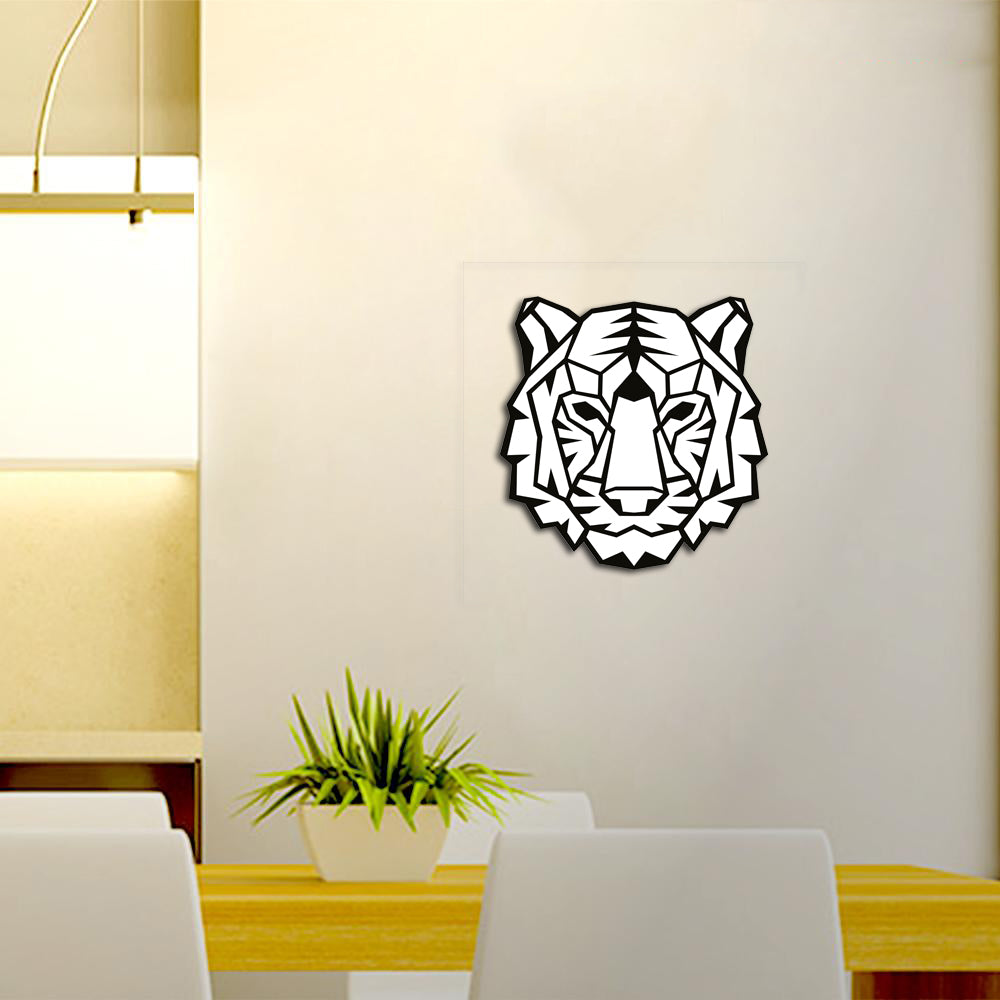 Geometric white and black tiger face wall art made from MDF, displayed in a modern dining room setting.