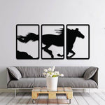 Triple-panel black MDF wall art featuring a galloping horse silhouette, ideal for modern and minimalist home decor.