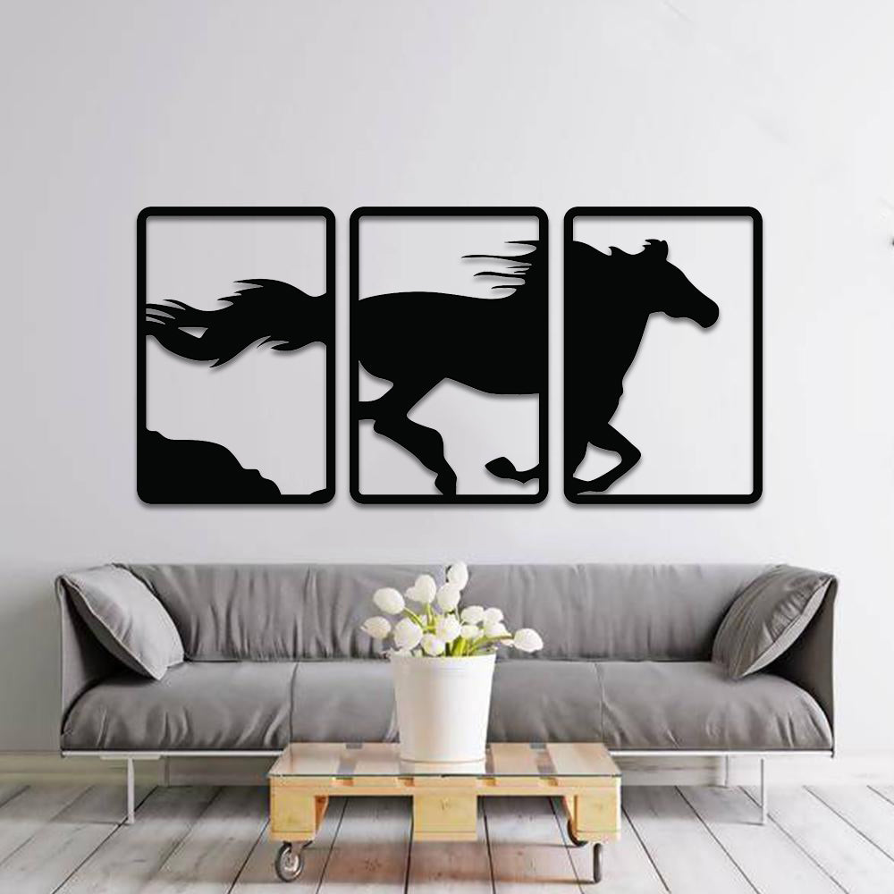 Triple-panel black MDF wall art featuring a galloping horse silhouette, ideal for modern and minimalist home decor.