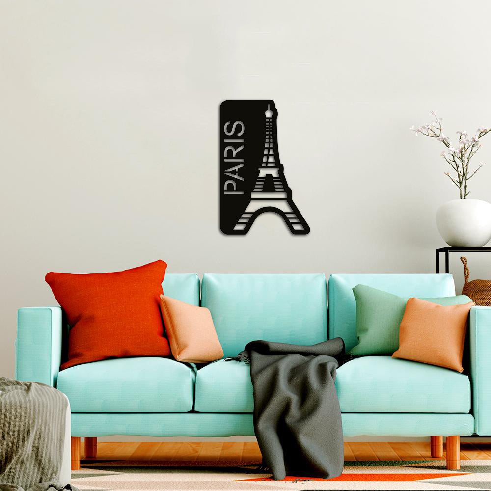 Stylish Eiffel Tower wall art labeled 'Paris' representing the 7 wonders of the world, displayed in a modern living room.