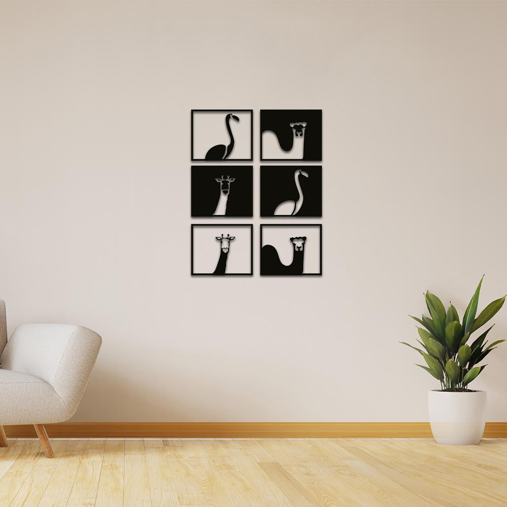 Set of six black MDF animal-themed frames featuring minimalist giraffe, camel, and swan designs, elegantly arranged on a beige wall.