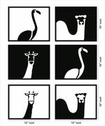 Set of six black MDF animal-themed frames featuring minimalist giraffe, camel, and swan designs, the dimensional image of the product with 10 inch by 12 inch dimension for each frame.