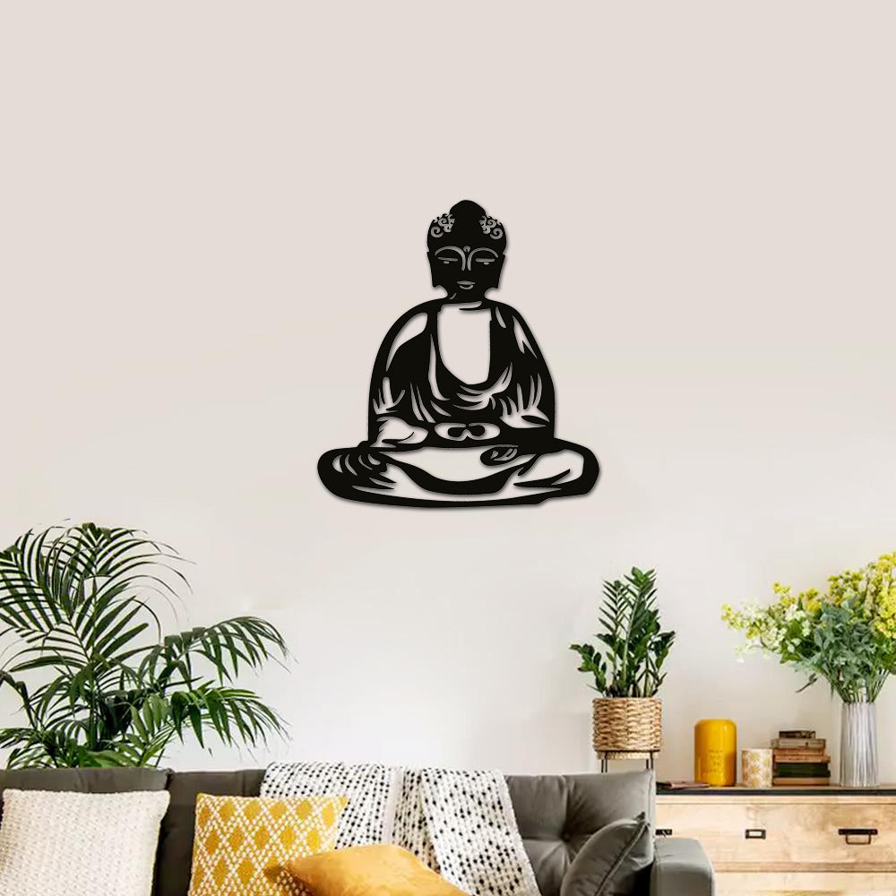 Black MDF Buddha wall art decor mounted on a neutral-toned living room wall.