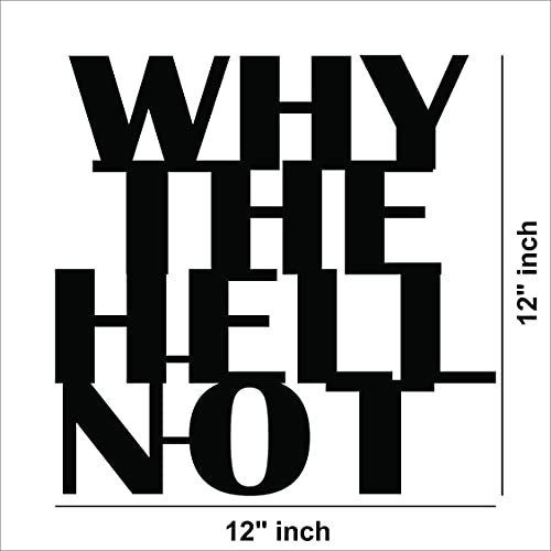 Black MDF wall art displaying the motivational quote "WHY THE HELL NOT" in bold typography,showing the size of the product that is 12 inch by 12 inch.
