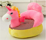 Pink unicorn plush seat for kids with a striped cushion and yellow base.