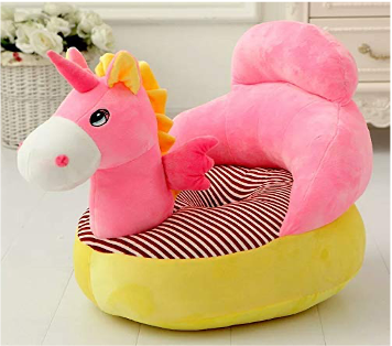 Pink unicorn plush seat for kids with a striped cushion and yellow base.