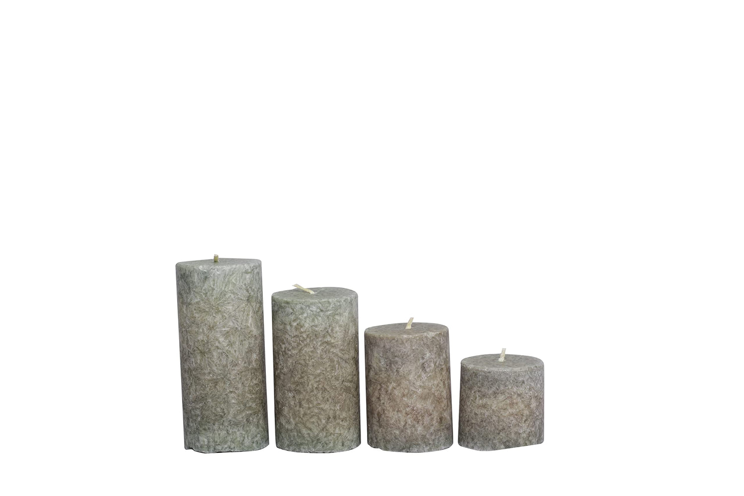 Set of four textured pillar candles in varying heights, perfect for home decor and relaxation.