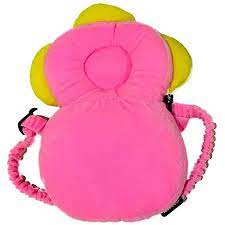 Pink and yellow baby head protector with adjustable straps for toddler safety