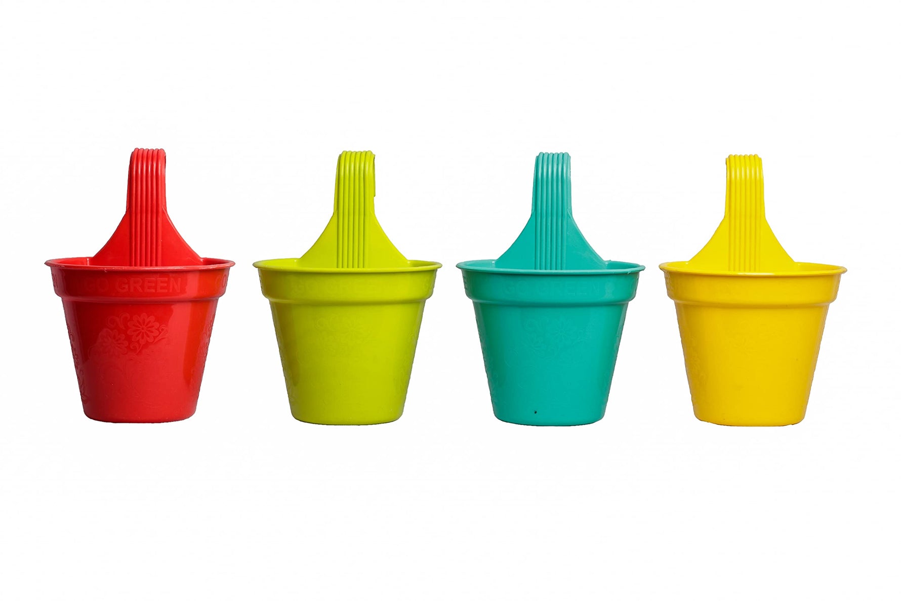 Set of four colorful hanging plastic planters in red, green, teal, and yellow with a sleek design.