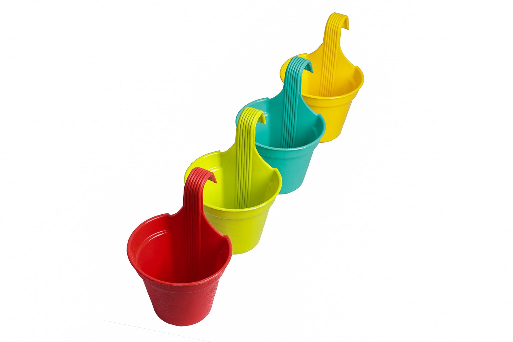  The top view of the set of four colorful hanging plastic planters in red, green, teal, and yellow with a sleek design.