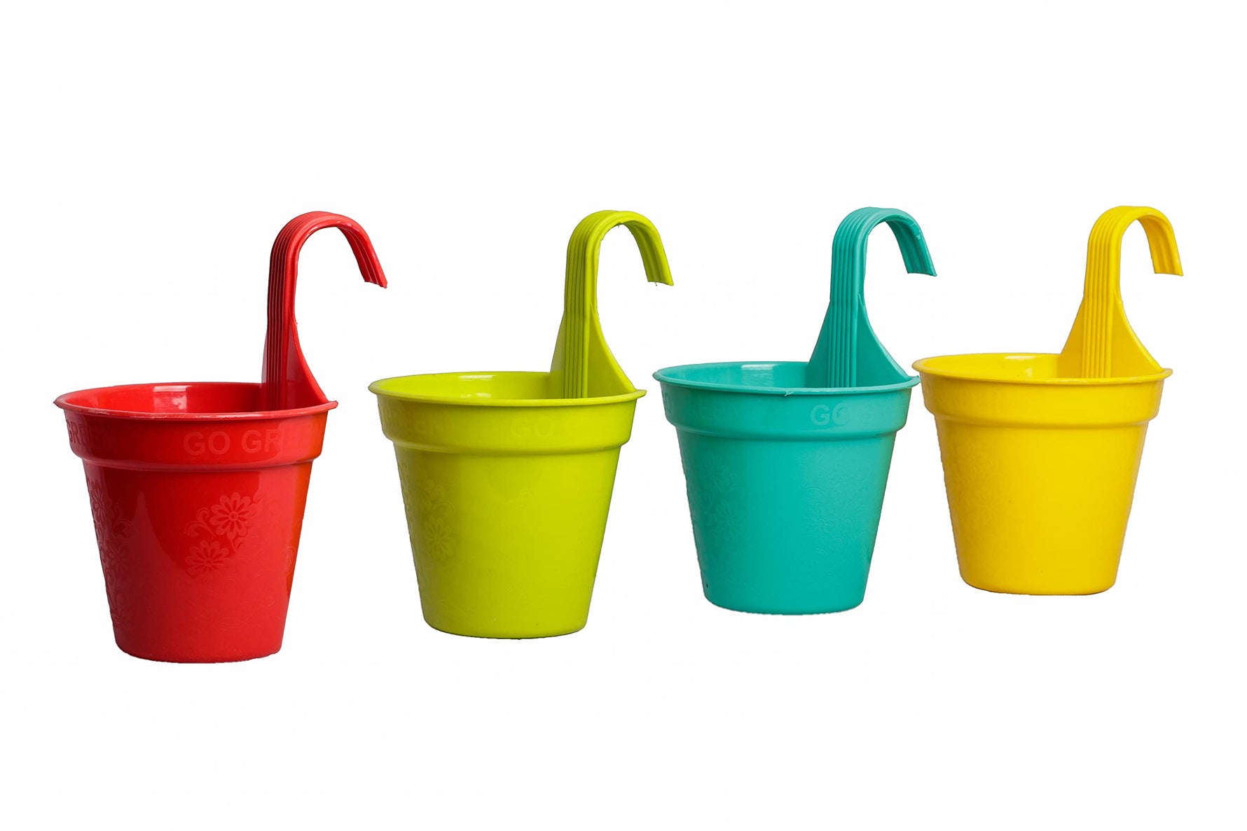 The side angle of the set of four colorful hanging plastic planters in red, green, teal, and yellow with a sleek design.